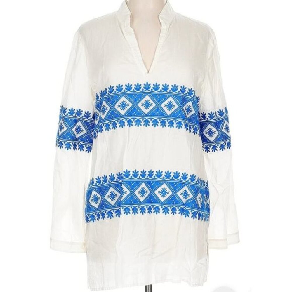 Tory Burch Stephanie Embroidered Coverup Tunic Top Ivory blue L